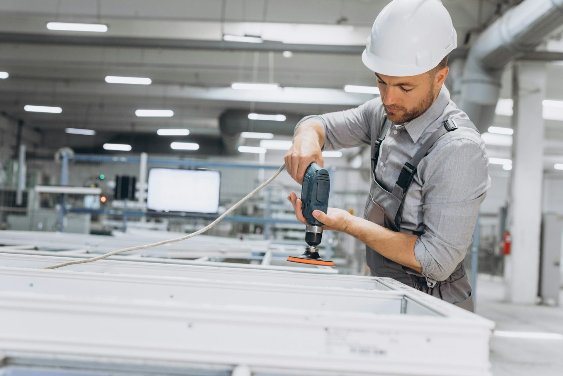 Aluminium and PVC industry worker making PVC or aluminium frames for windows and doors