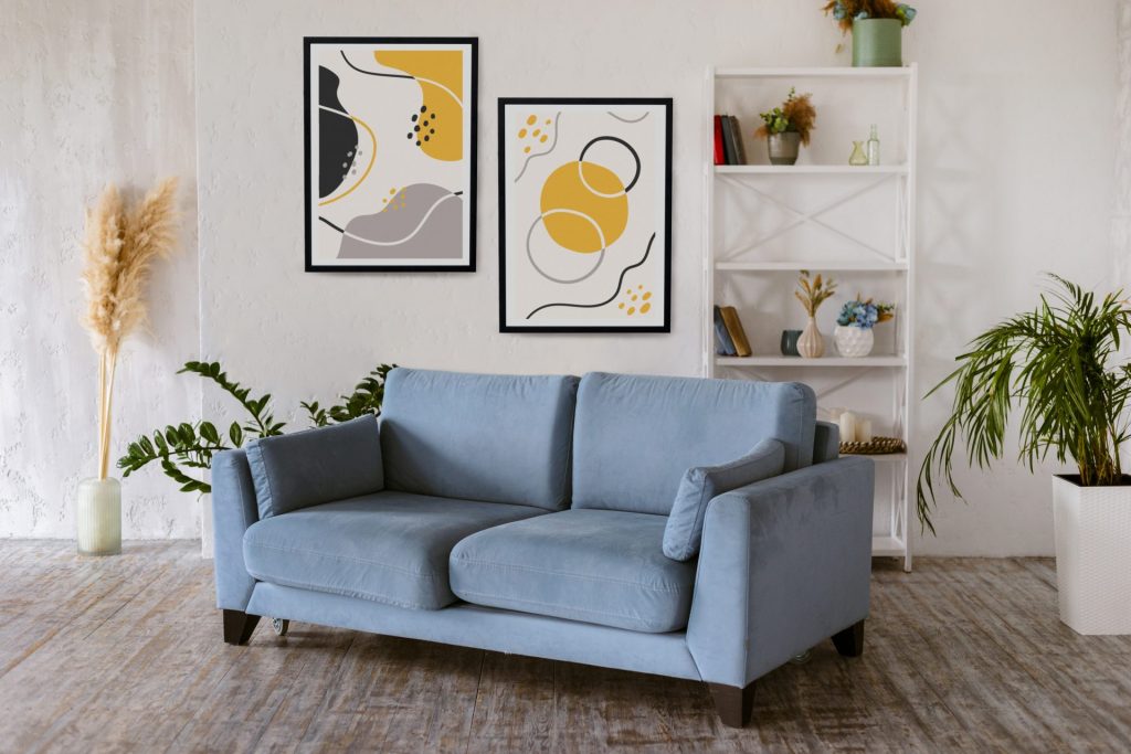 interior design with photoframes plants